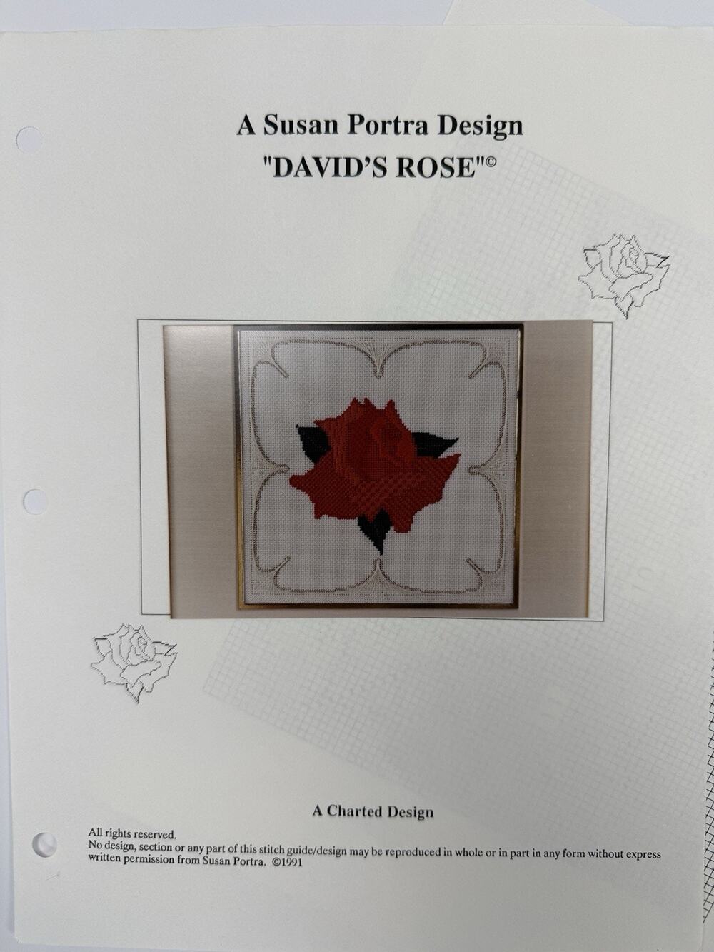 1991 Susan Portra Design "David's Rose" Needlepoint Chart & Stitch Guide